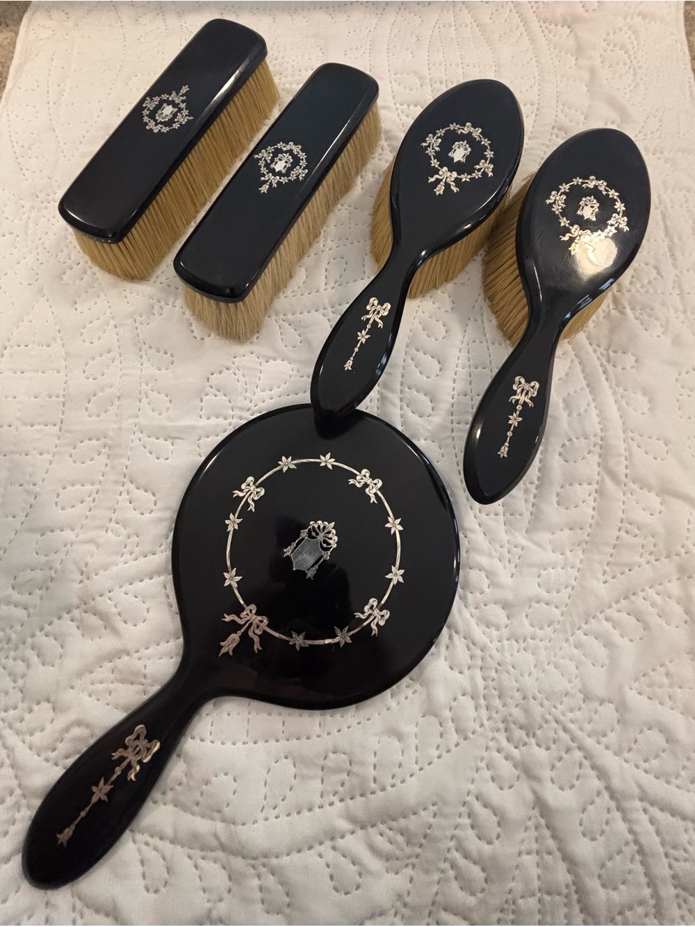 Black vintage 1920’s Vanity Brush and Hand Mirror Set with Silver Inlay